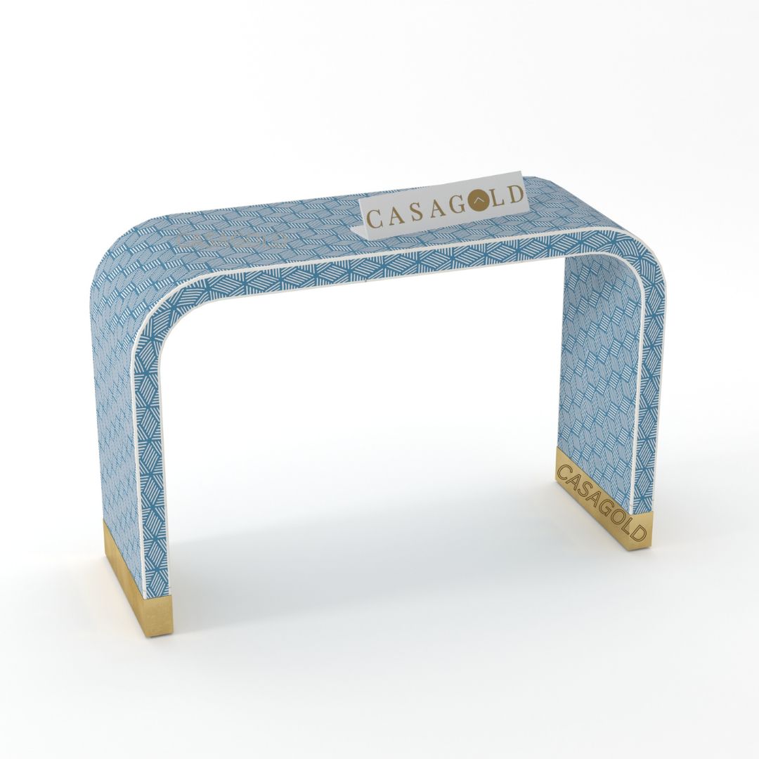 Blue Bone Inlay Console Desk with Geometric Design
