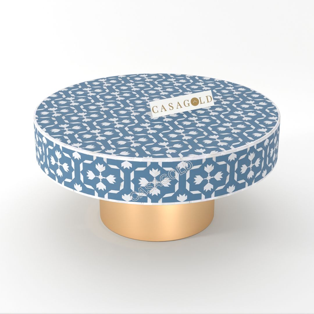 Teal Blue and white bone inlay coffee table round
