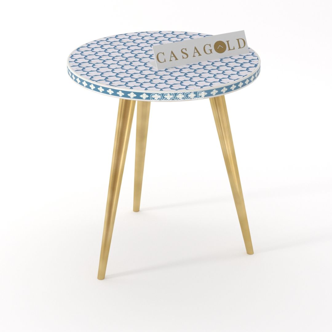 "Blue bone inlay round side table with three stable legs for a vibrant touch"
