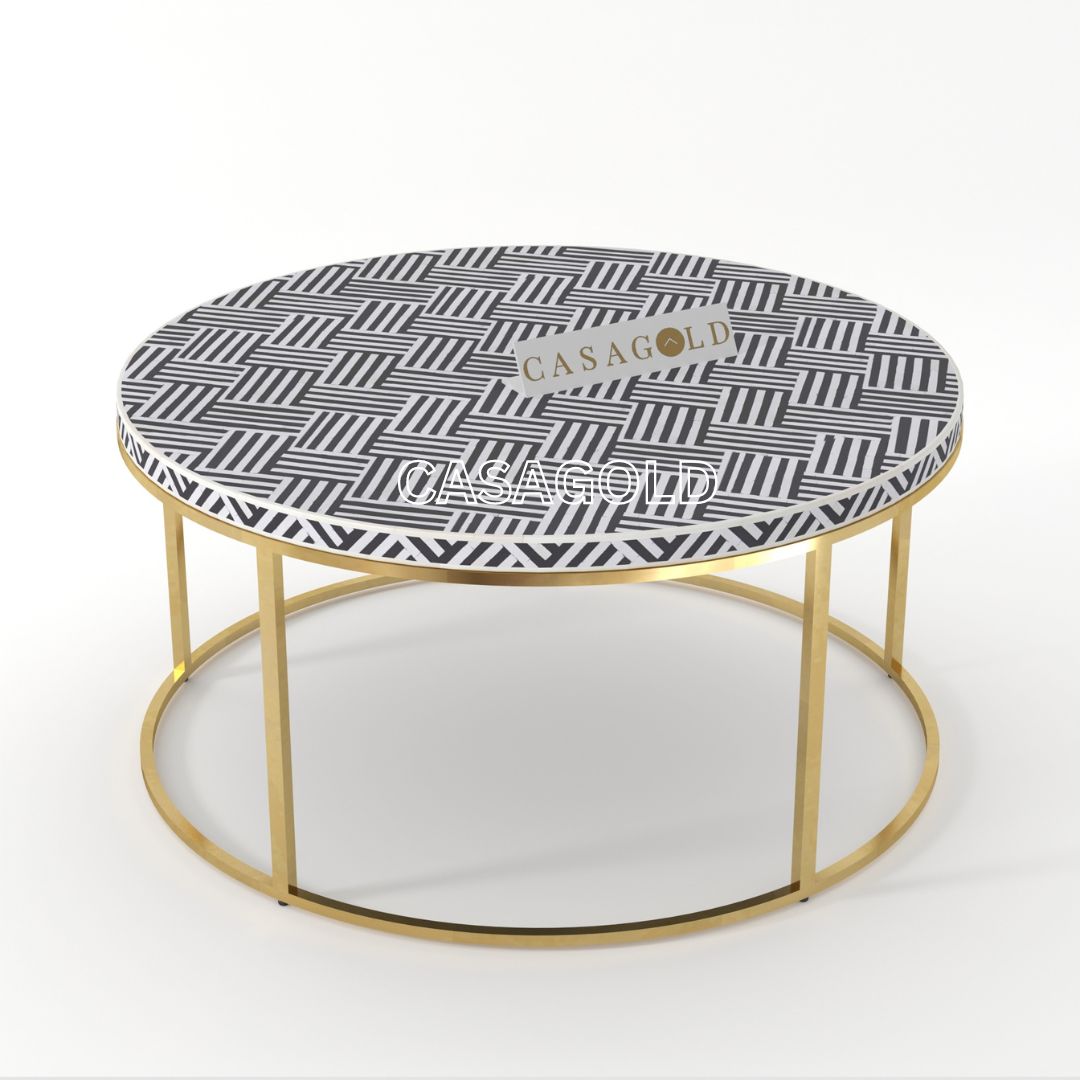 Boho round coffee table with inlay design
