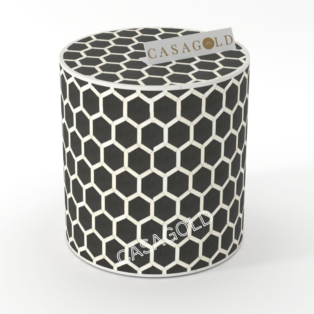 "Bold drum-shaped inlay side table with statement patterns"
