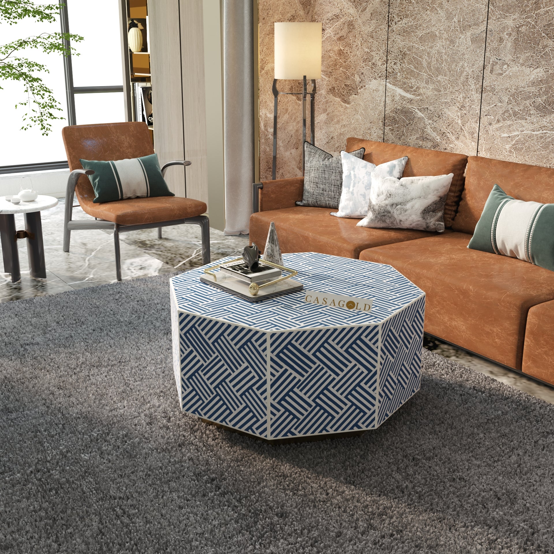 Bone Inlay Hexagon Coffee Table with Floral Pattern	