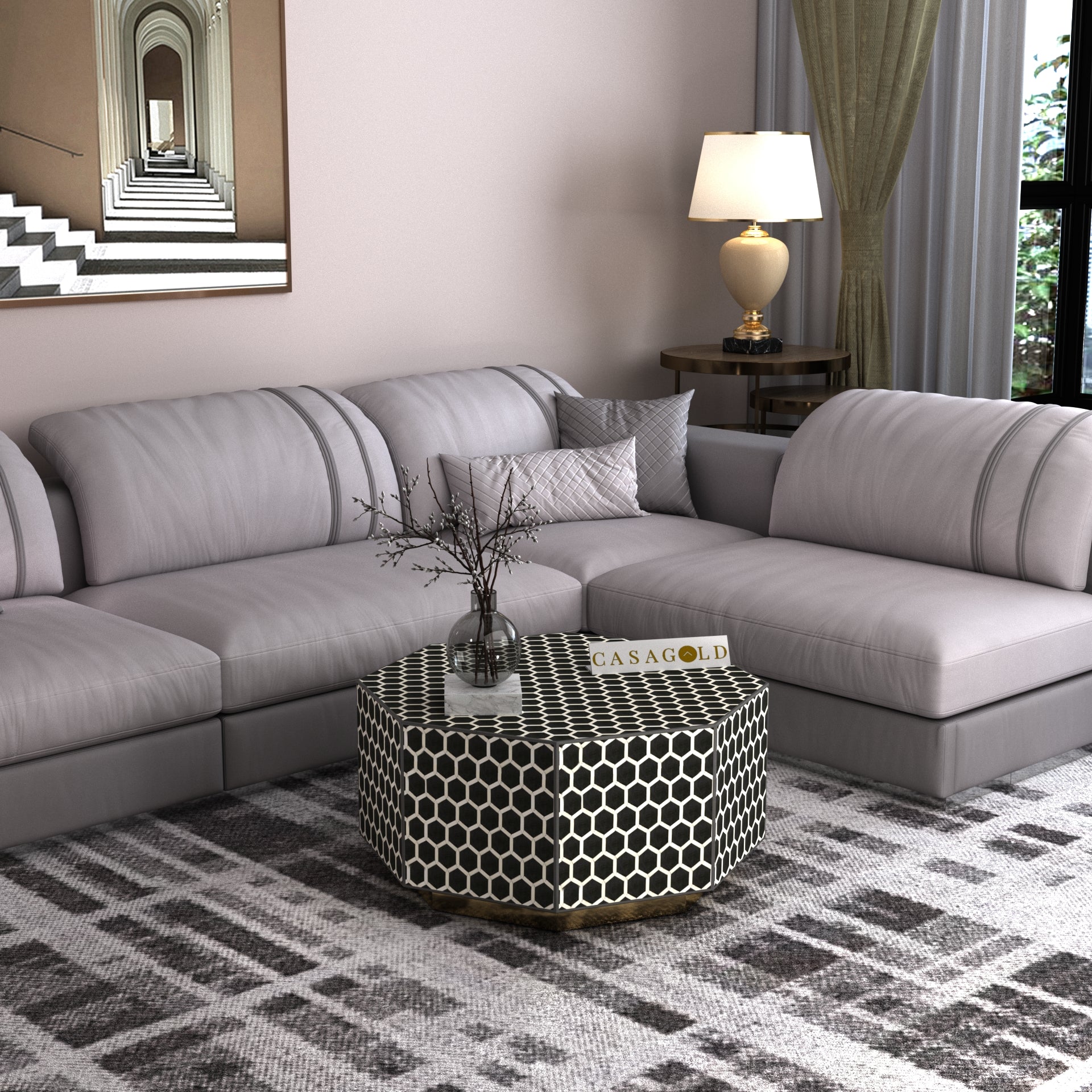 Bone Inlay Hexagonal Coffee Table with Abstract Design	