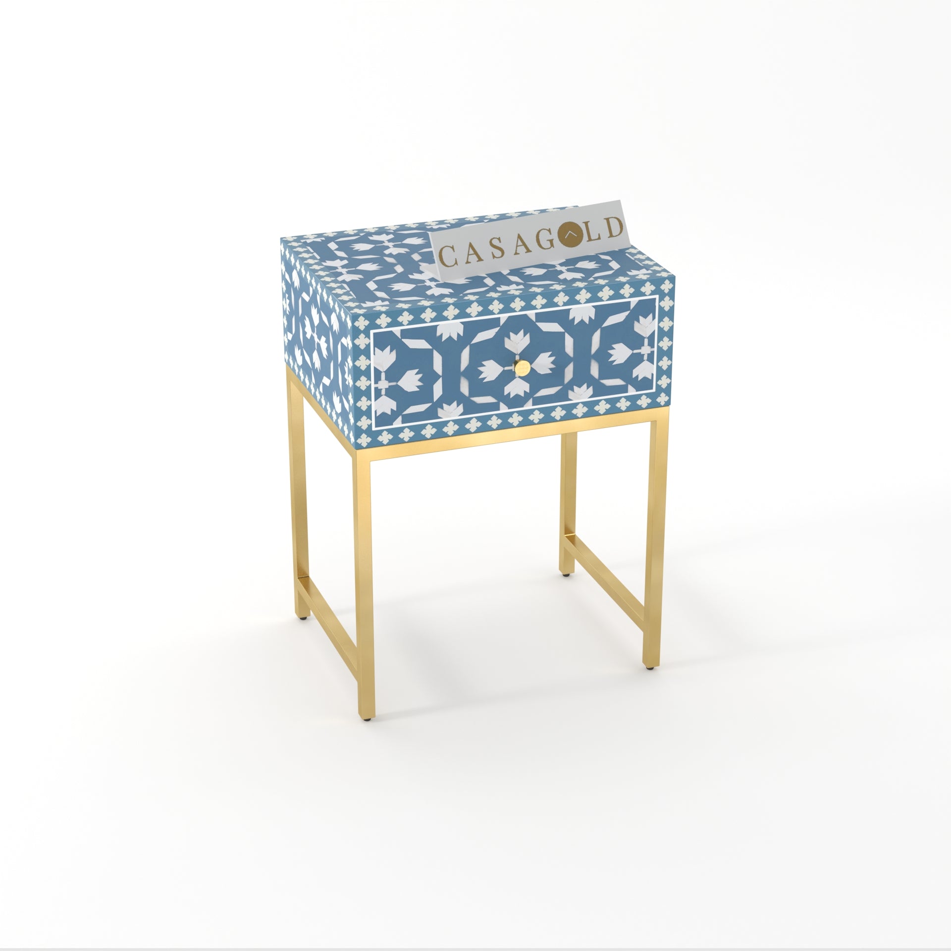 Bone Inlay Rectangular Bedside Table with Gold Frame	