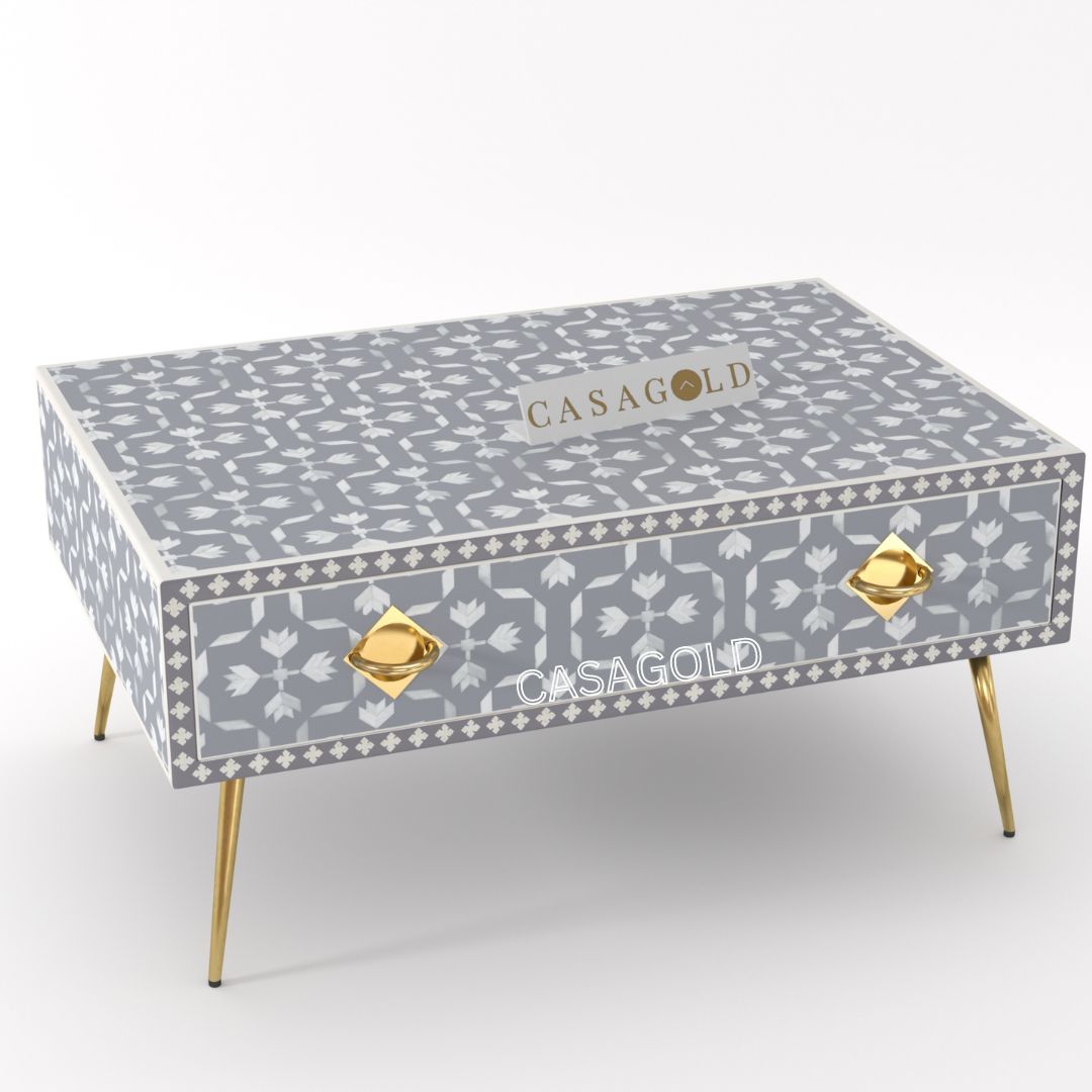 Bone Inlay Rectangular Table with Floral Design	