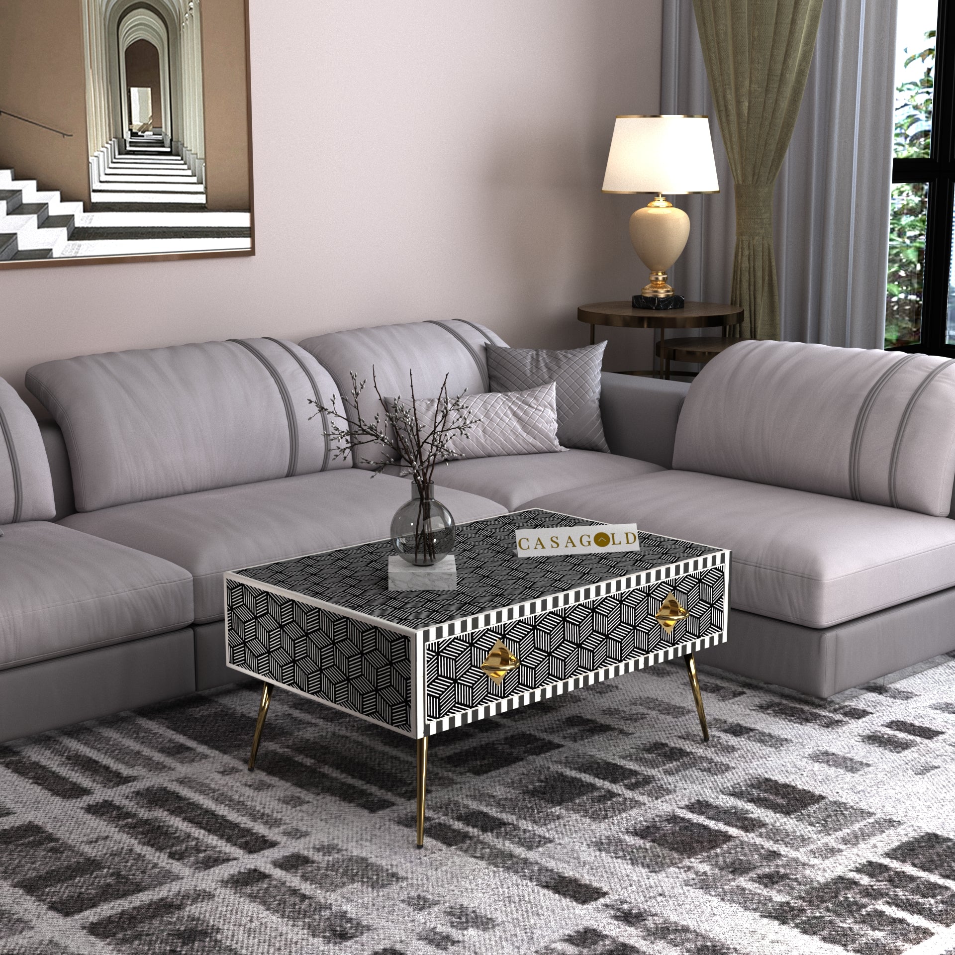 Bone Inlay Rectangular Table with Geo Design	