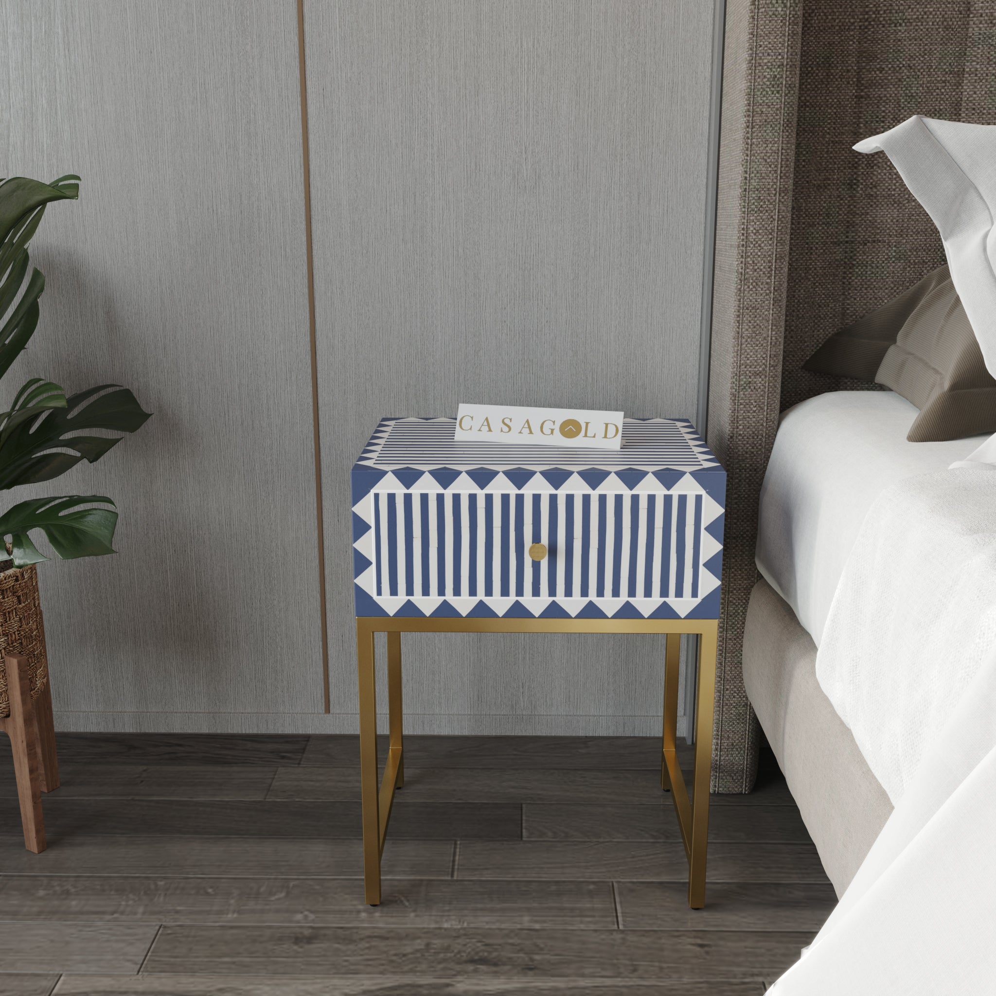 Bone Inlay Round Bedside Table with Gold Frame	