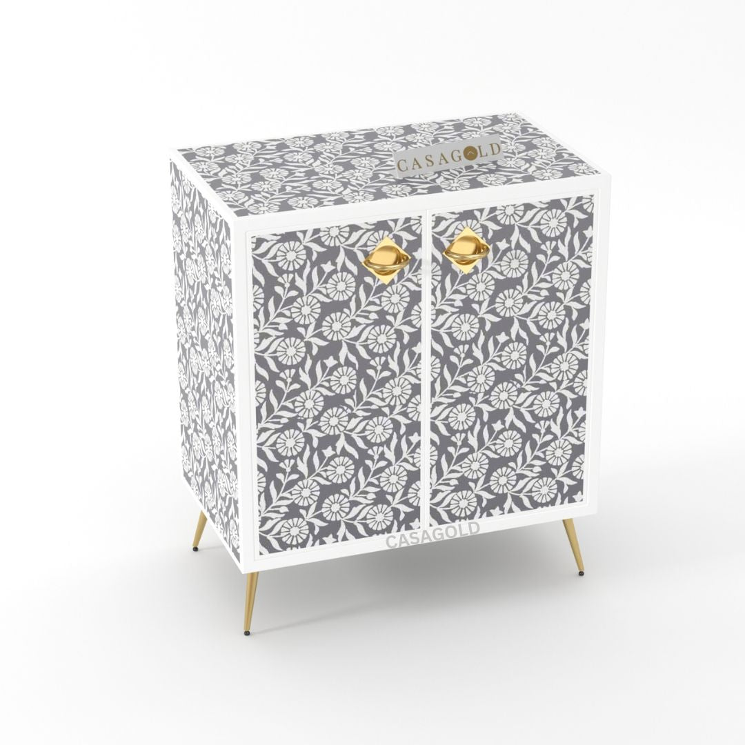 "Bone inlay bar cabinet with a classic Flower design and ample storage"