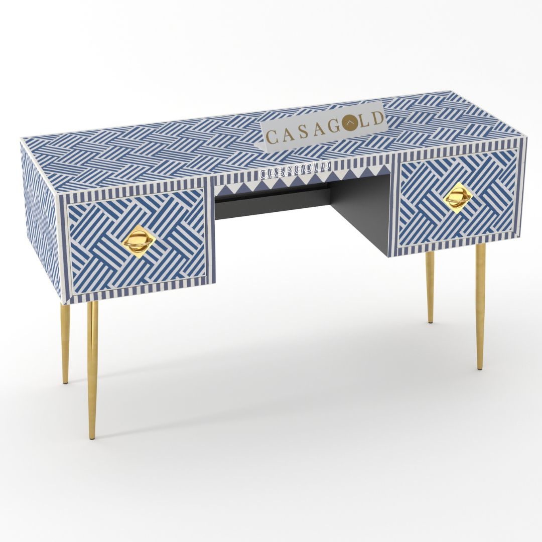 Bone inlay desk with chevron patterns and brass accent detailing
