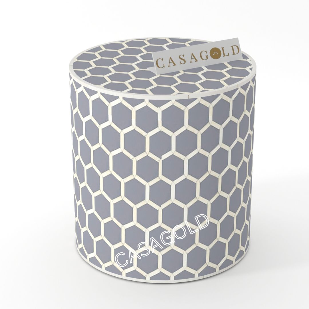 "Bone inlay drum side table with Honeycomb patterns"