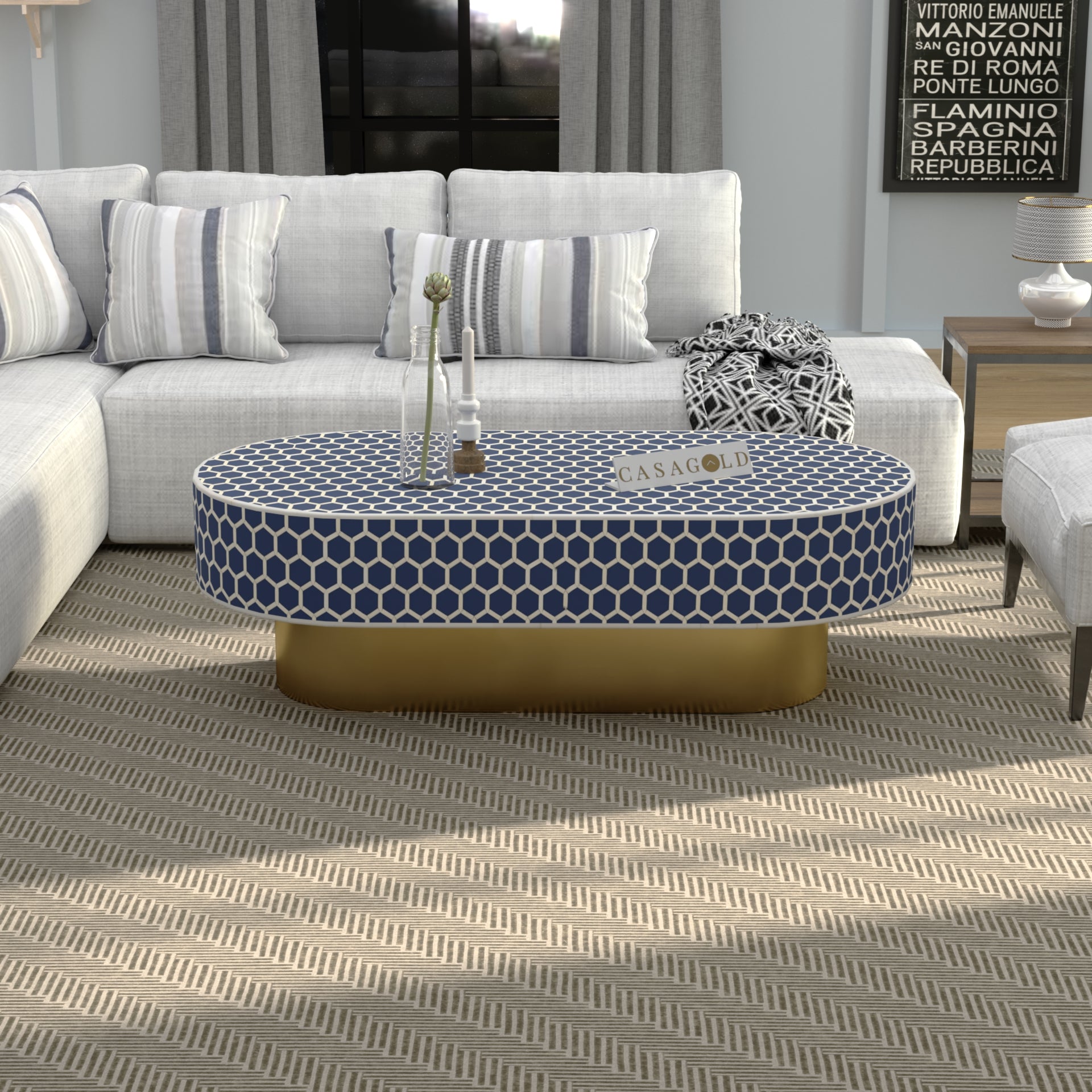 "Bone inlay oblong coffee table with intricate design"
