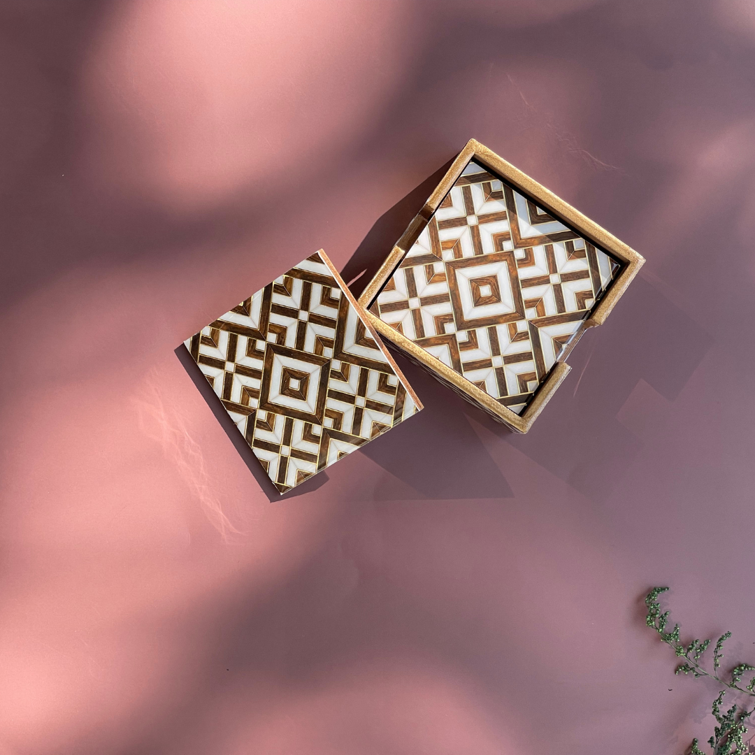 Handcrafted wooden coaster paired with a tissue box
