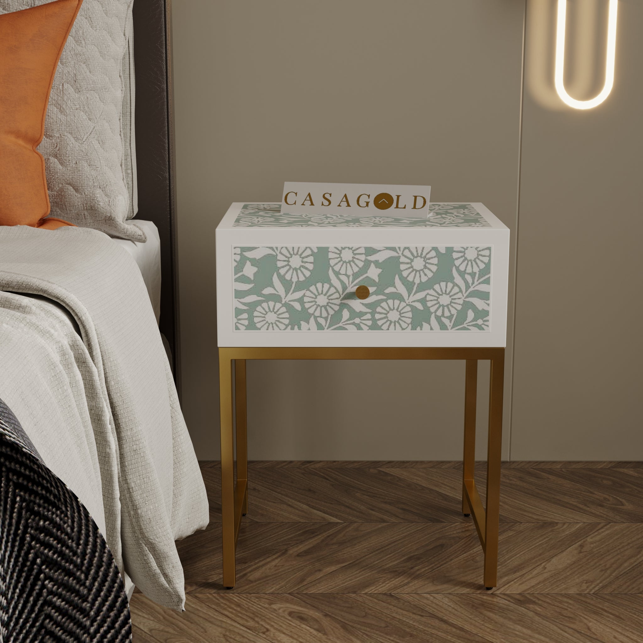 "Small round bedside table with gold accents and a refined inlay finish"

