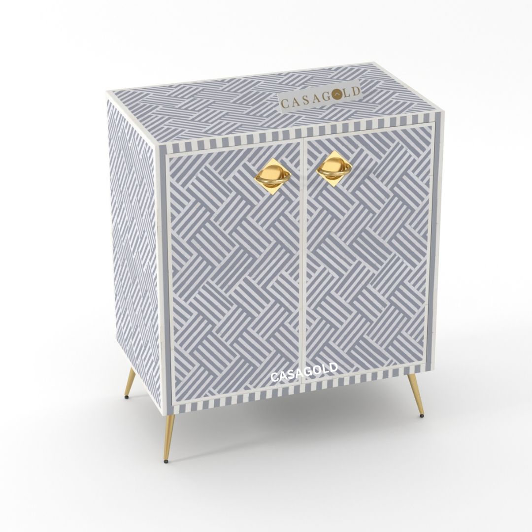 Chevron-patterned Grey  bone inlay chest for a modern vibe