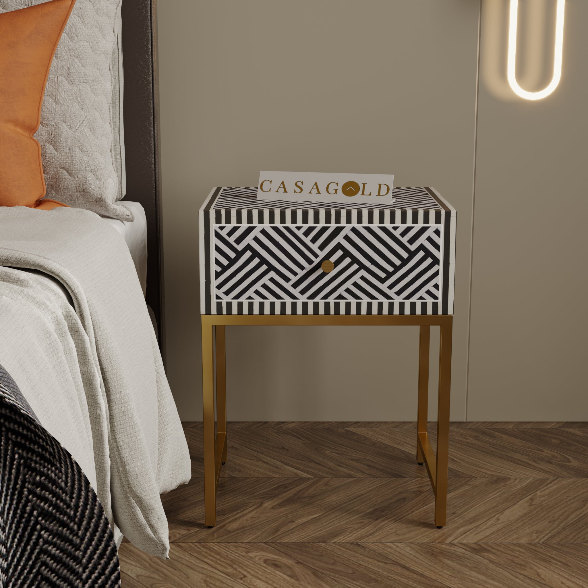 Chevron Bone Inlay Bedside Table with Gold Frame	