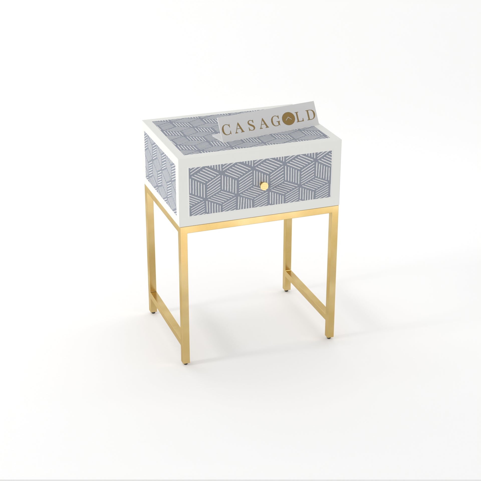 Chevron Bone Inlay Rect. Bedside Table with Gold Frame	