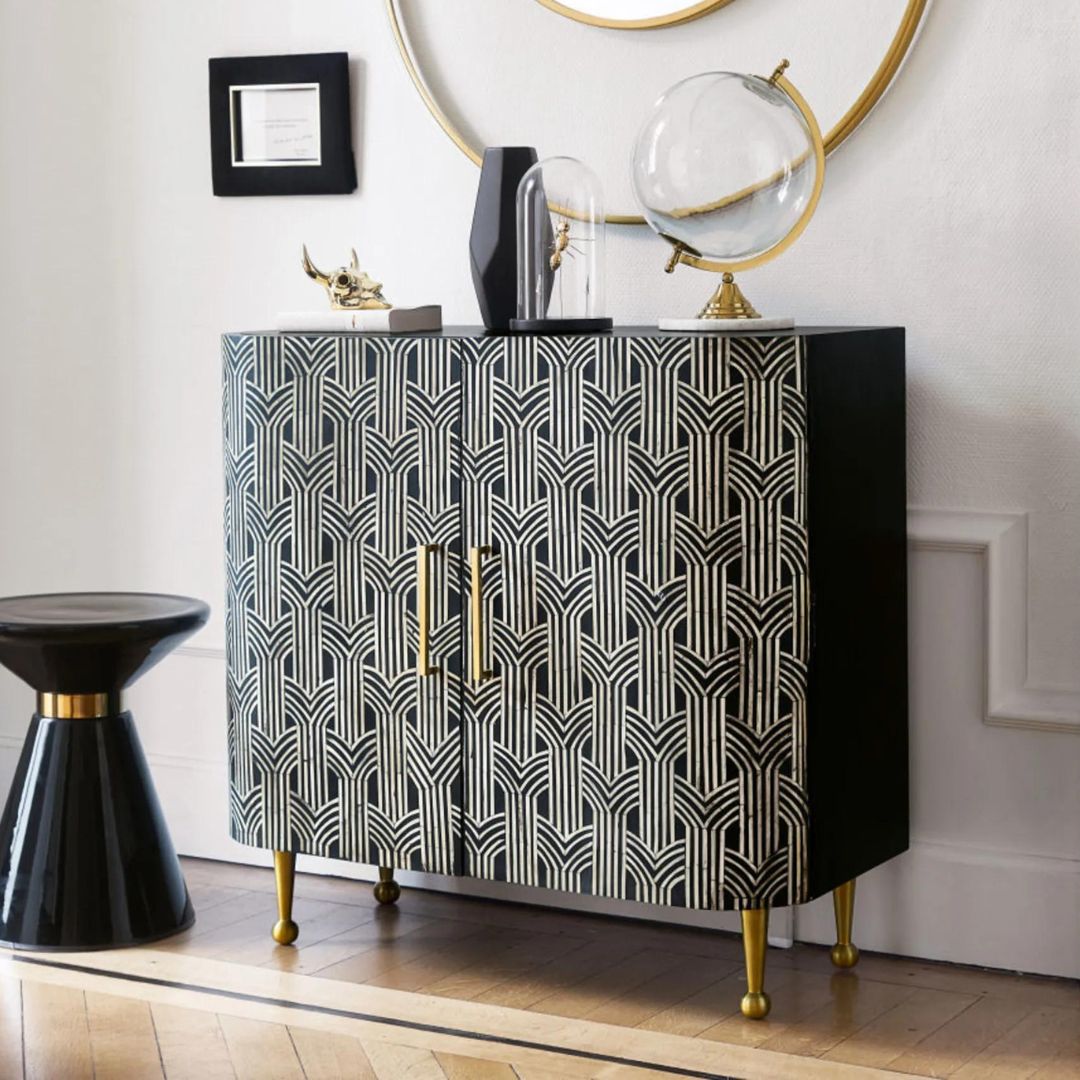 Chevron-pattern inlay storage bar cabinet with elegant design.
