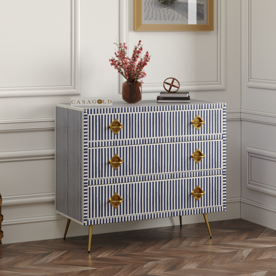 Chevron-pattern inlay storage cabinet with intricate detailing.
