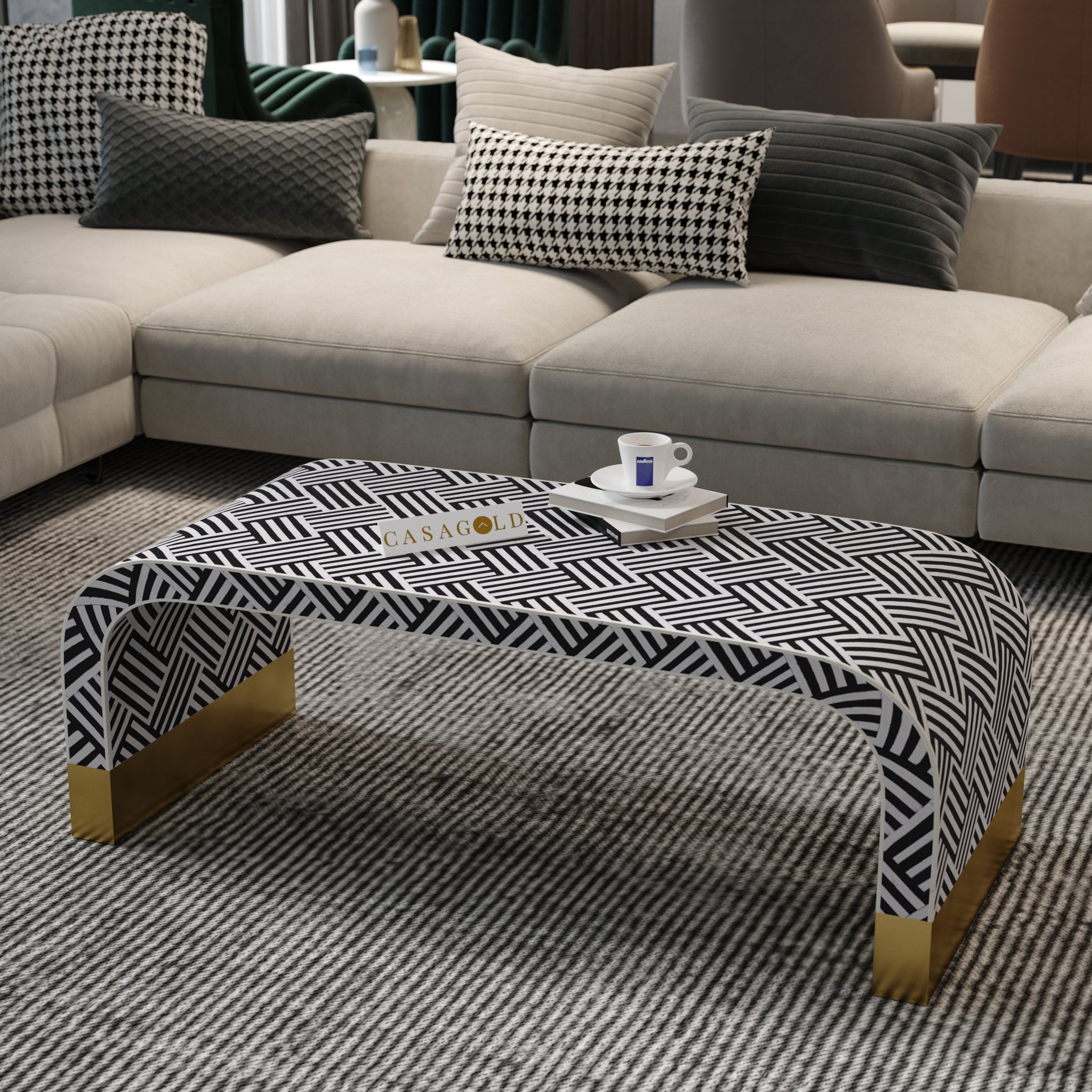 Chevron Pattern Bone Inlay Rectangular Coffee Table	