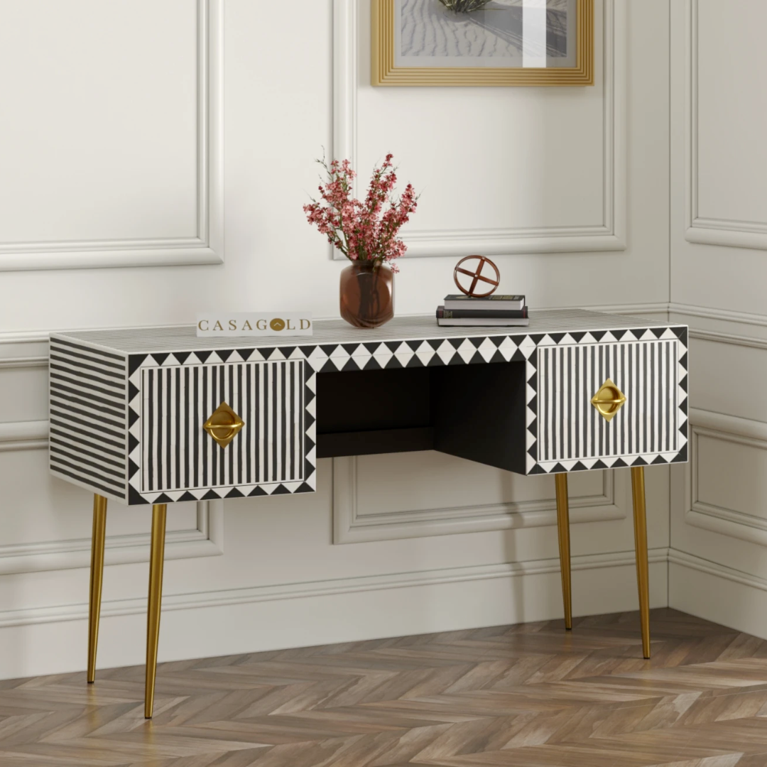 "Chevron pattern inlay study desk with spacious storage drawers for a stylish workspace"
