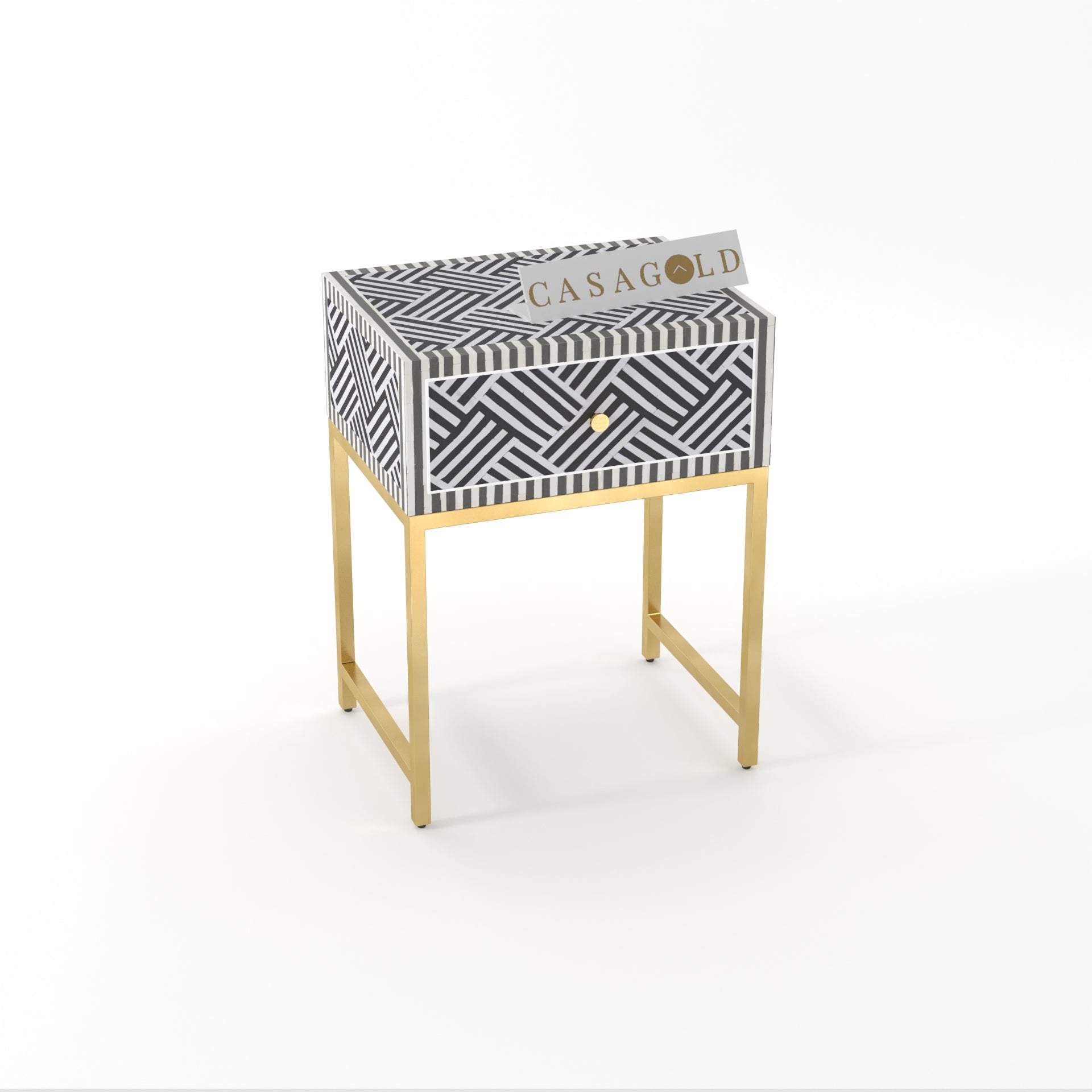 "Chevron bone inlay bedside table supported by a sturdy gold frame"
