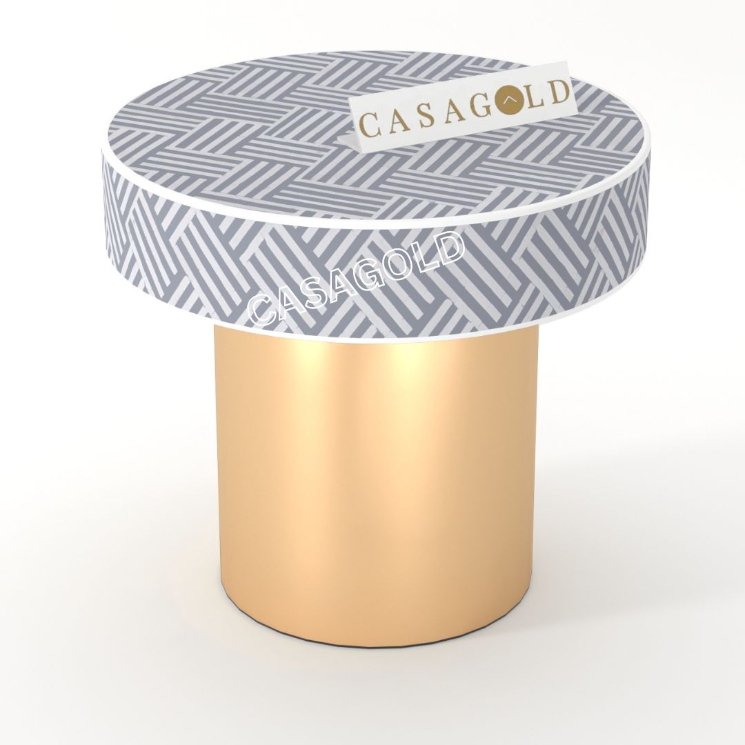 "Chevron pattern round bone inlay bedside table with a circular top and modern aesthetics"
