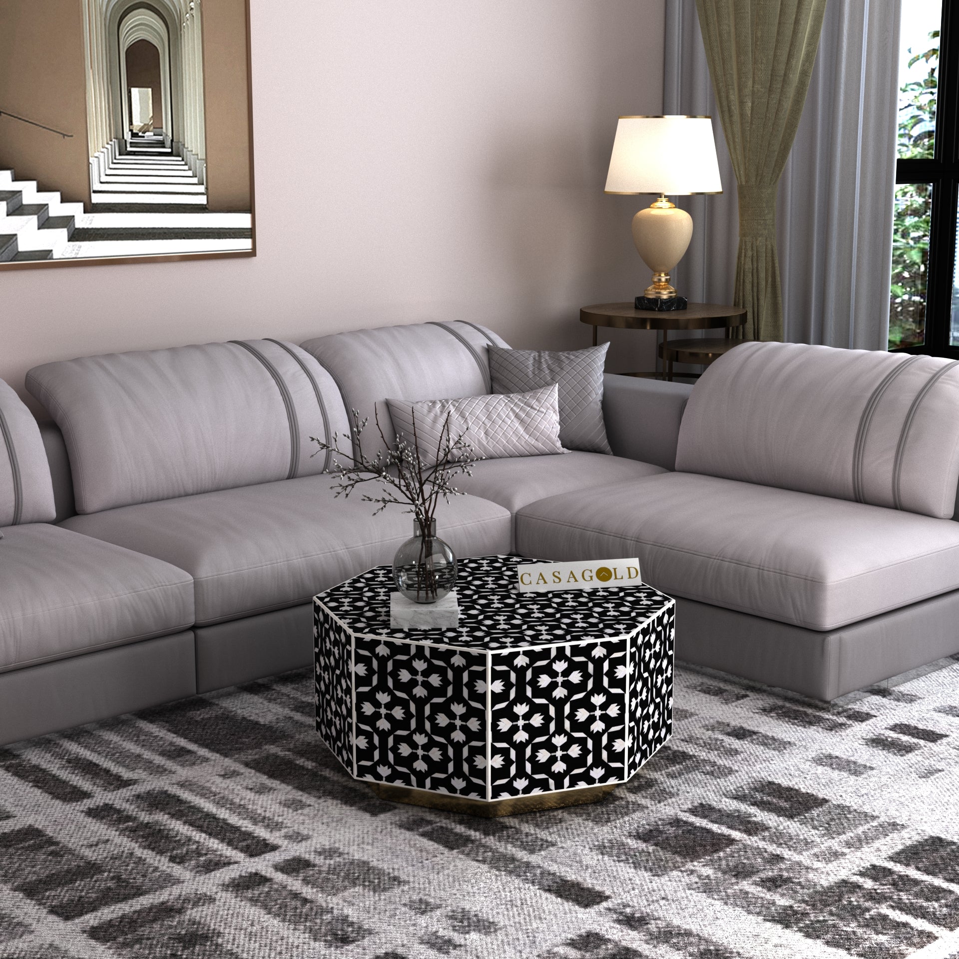 Classic Bone Inlay Hexagon Coffee Table with Floral Design	