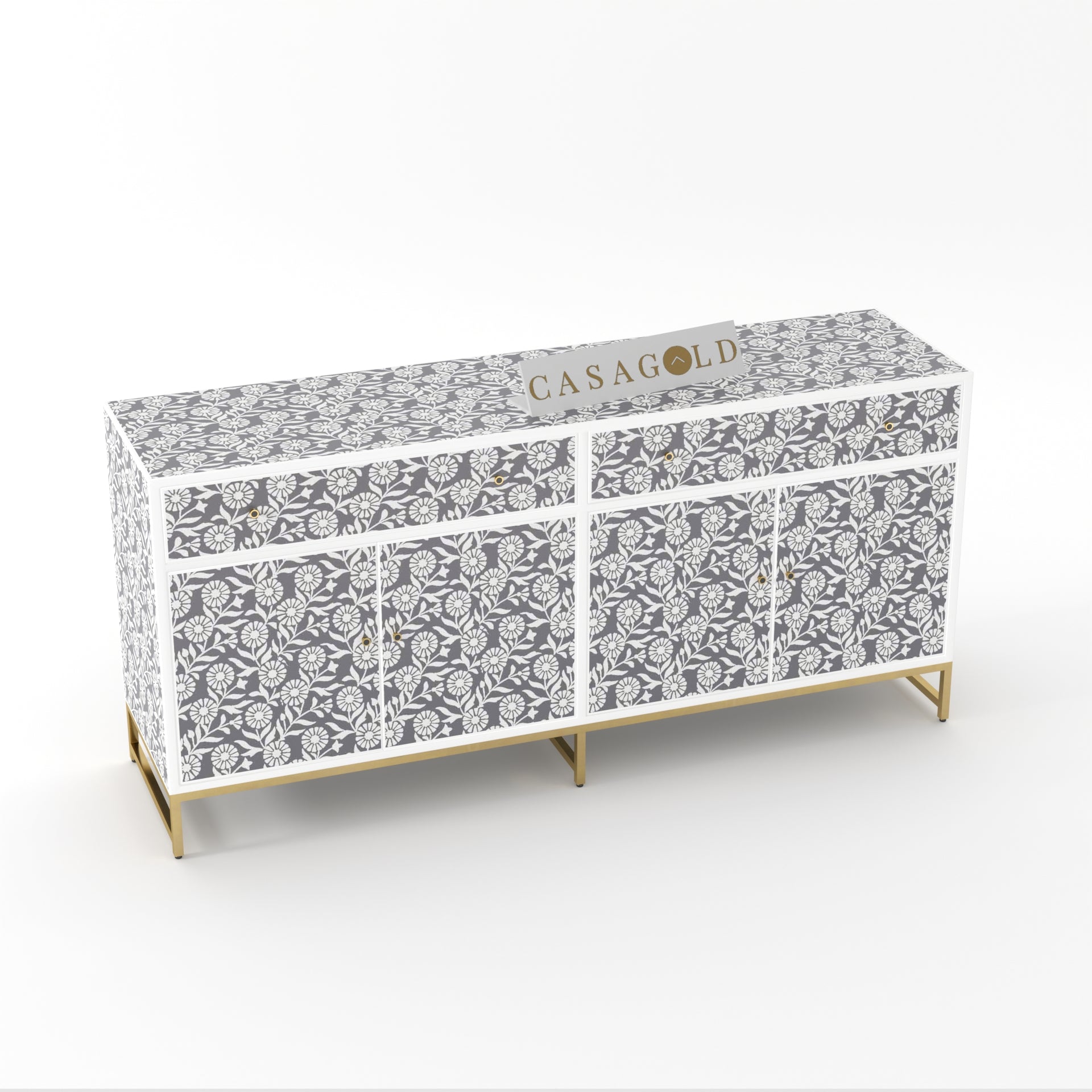 Classic Grey white and gold bone inlay sideboard for timeless elegance.