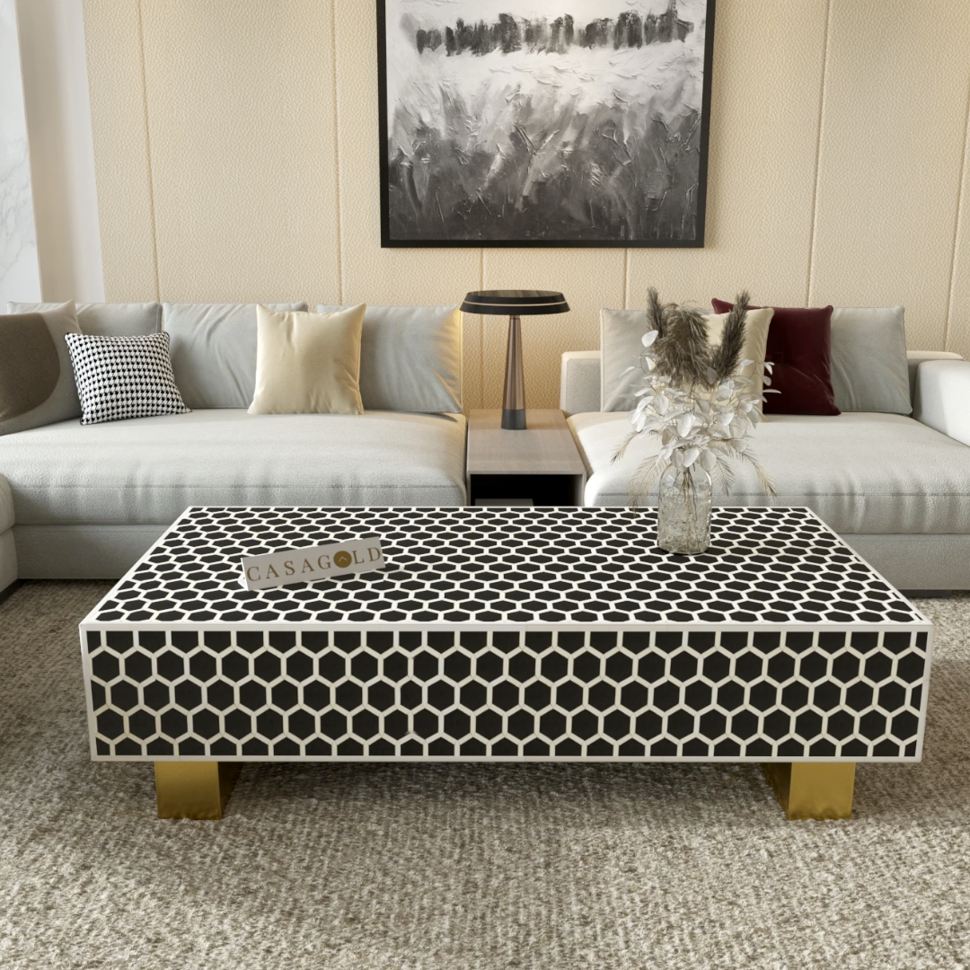 "Classic black rectangular coffee table with bone inlay designs"
