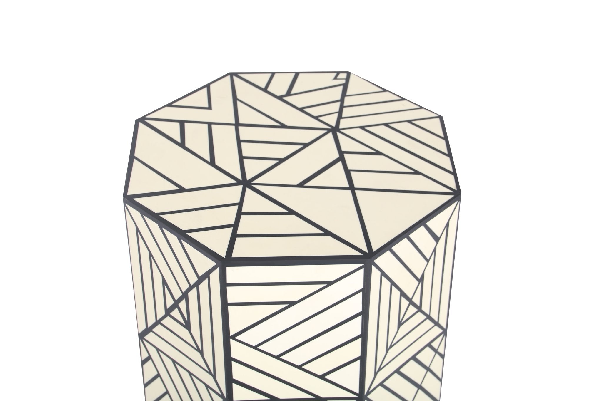 "Classic hexagon Side table with chevron bone inlay patterns"