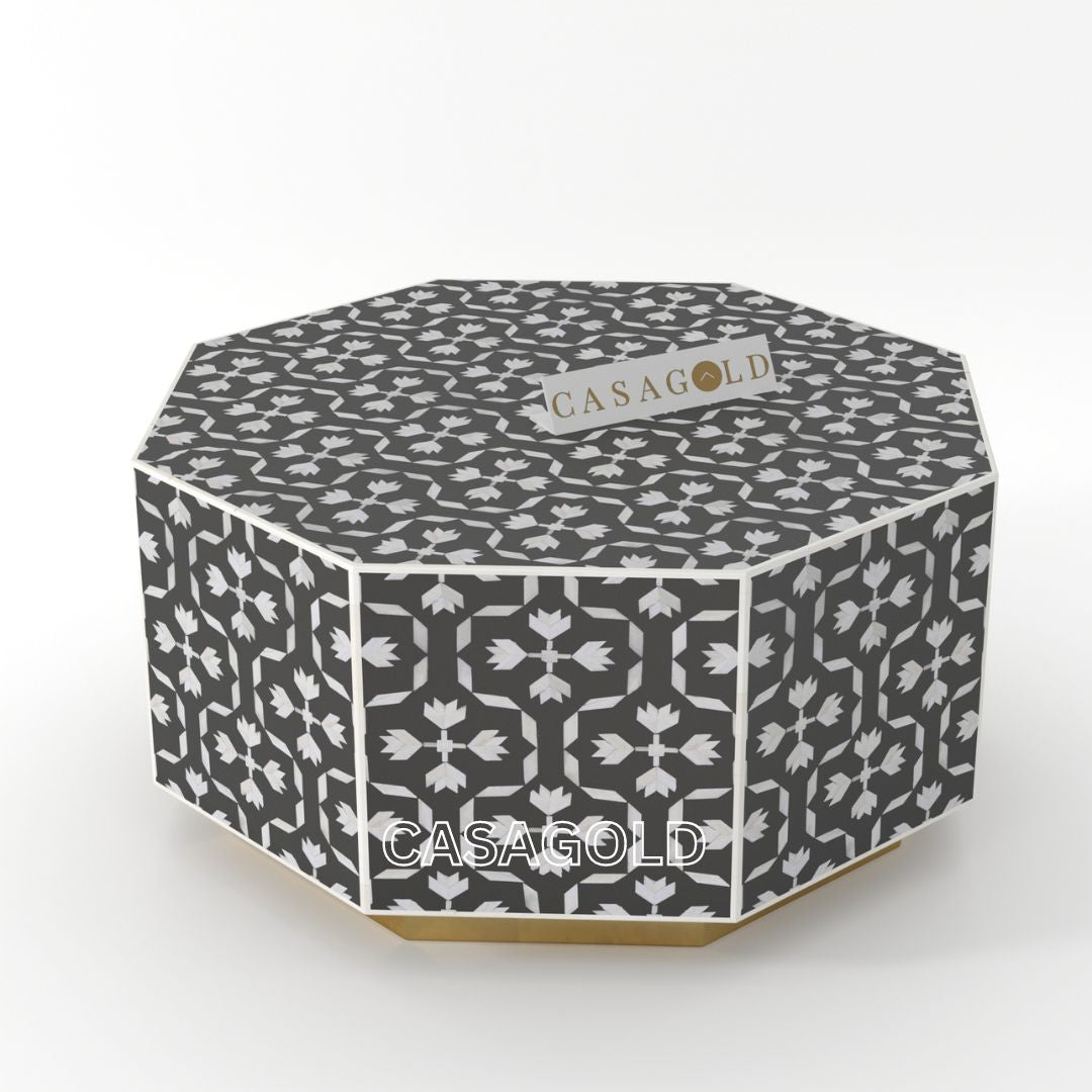 "Classic hexagon coffee table with floral bone inlay patterns"
