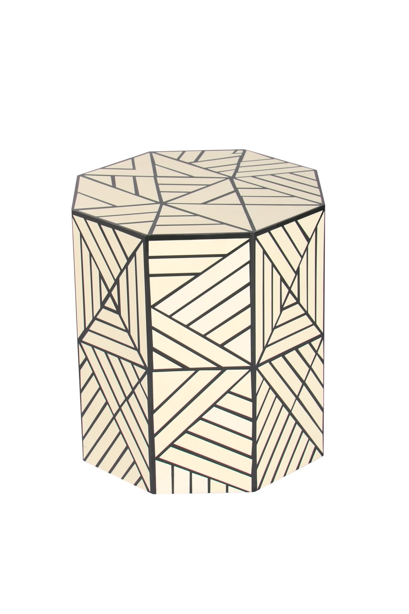 "Classic hexagon end table with chevron bone inlay patterns"