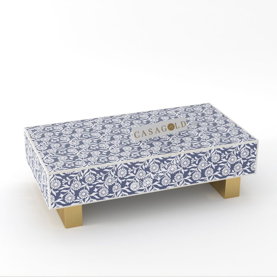 "Classic rectangular coffee table with intricate bone inlay artistry"
