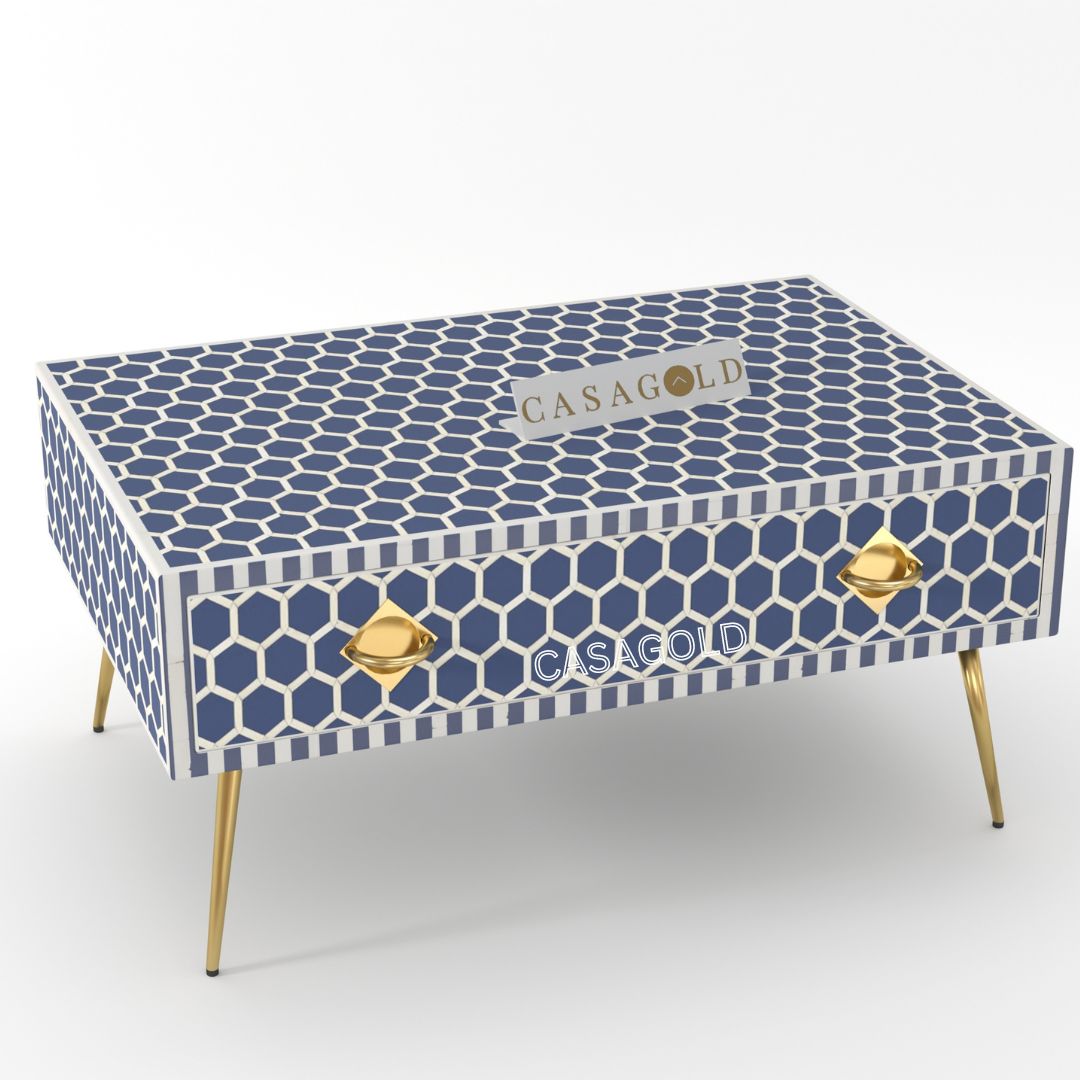 "Classic rectangular coffee table with intricate bone inlay artistry"
