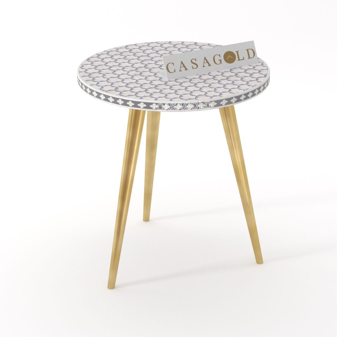 "Classic round 3-leg side table with MOP inlay patterns for elegant decor"