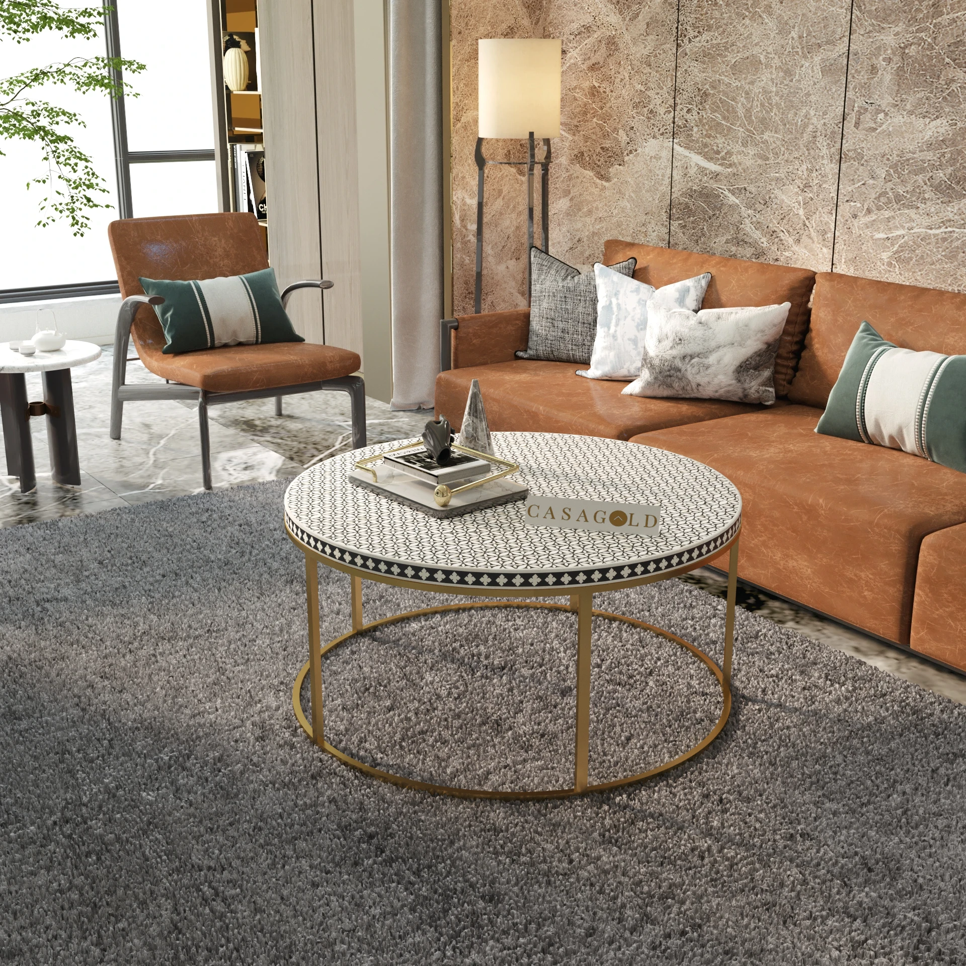 Compact Bone Inlay Coffee Table Round	