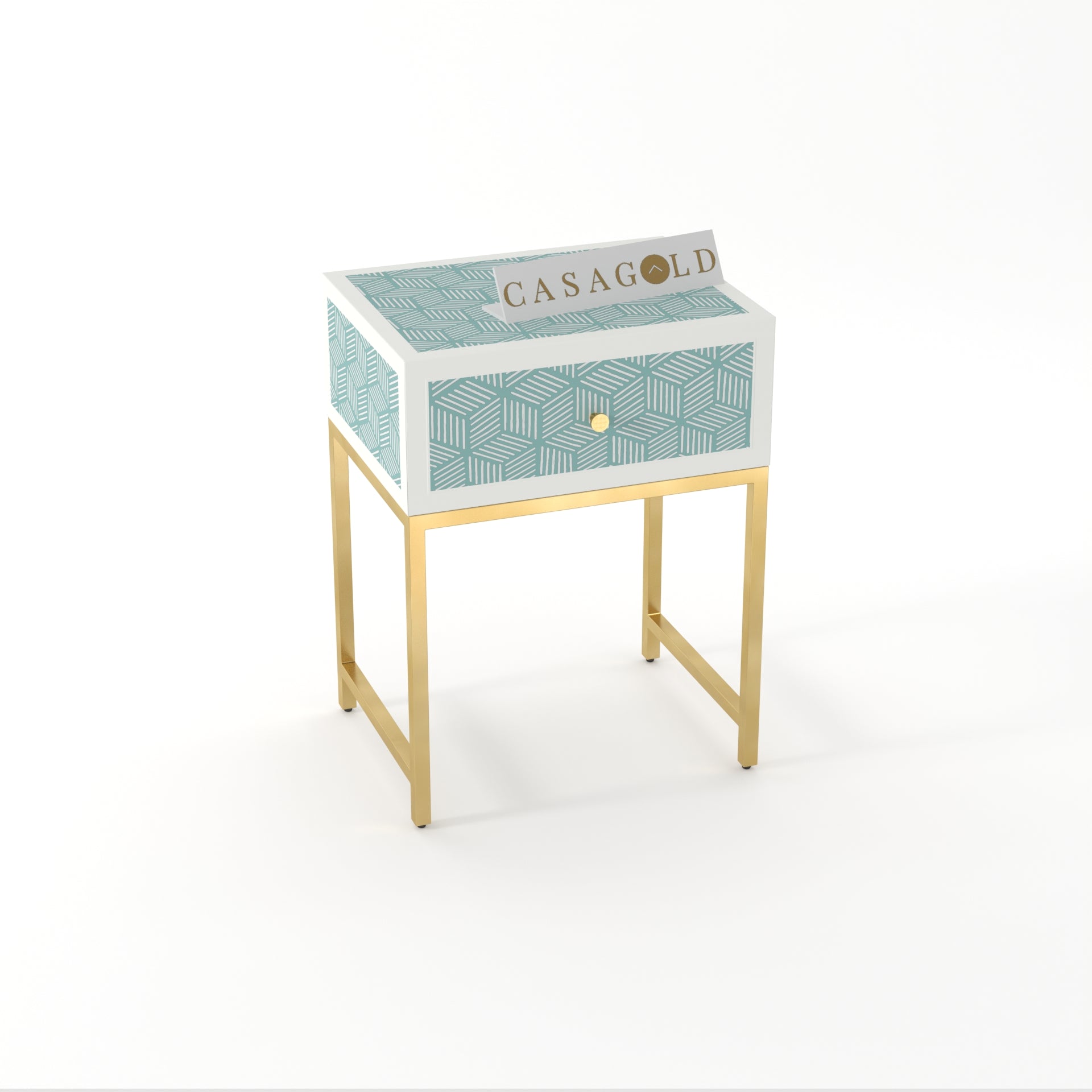 Compact Rectangular Bone Inlay Bedside Table with Gold Accents	
