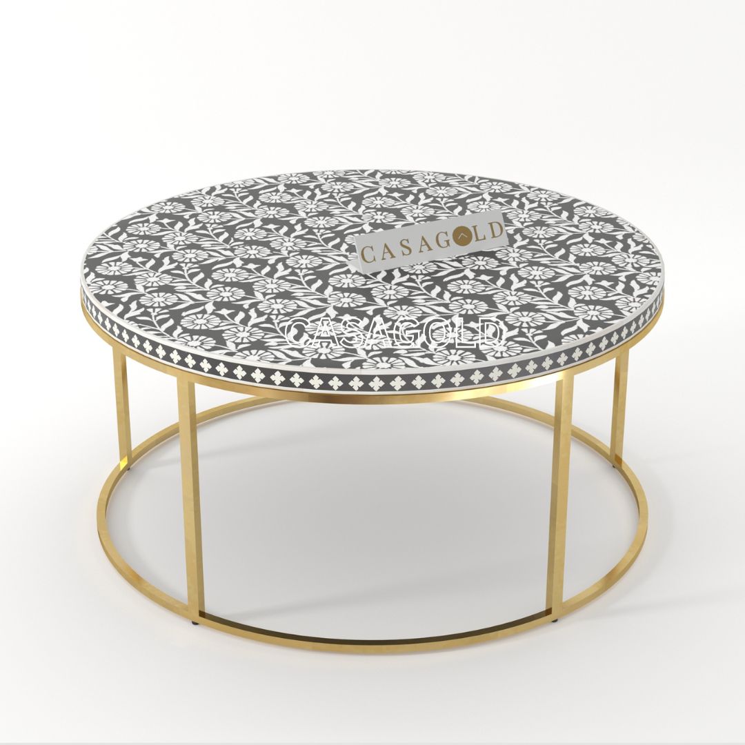 Compact round coffee table, bone inlay

