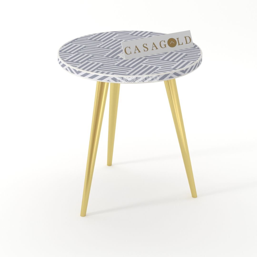 "Contemporary round bone inlay side table with modern 3-leg style"
