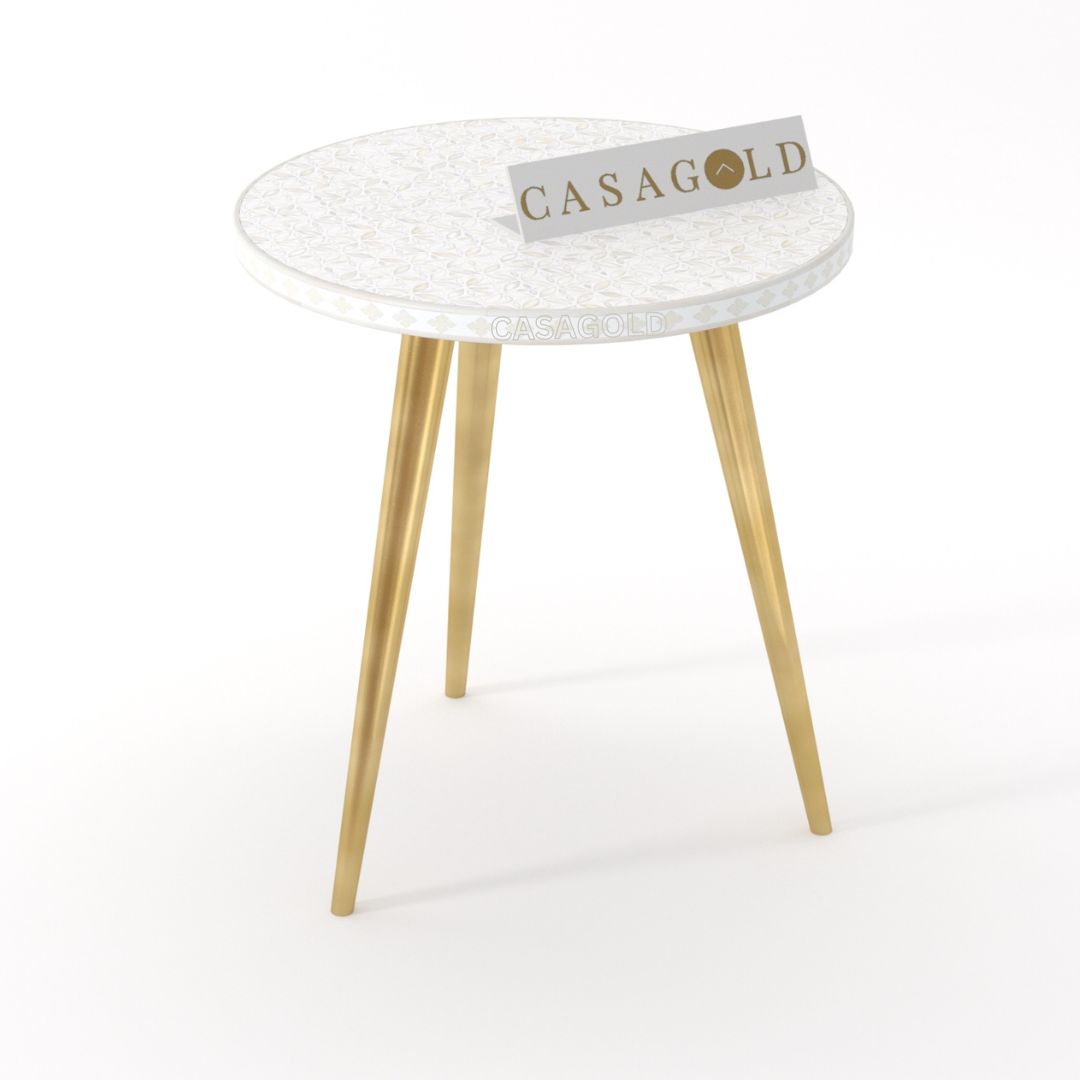Decorative Bone Inlay Round 3-Leg Side Table	