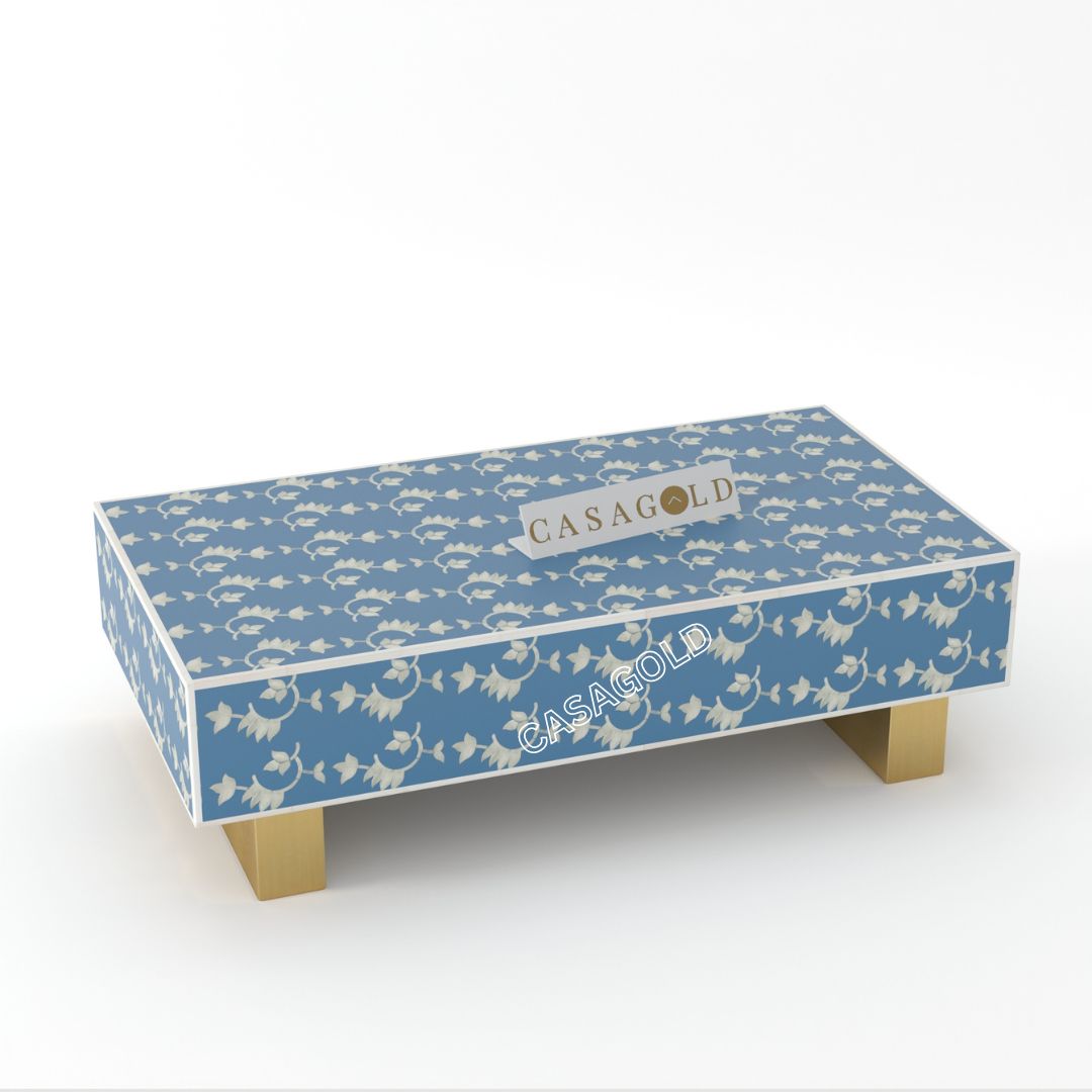 "Decorative rectangular coffee table with stunning bone inlay details"
