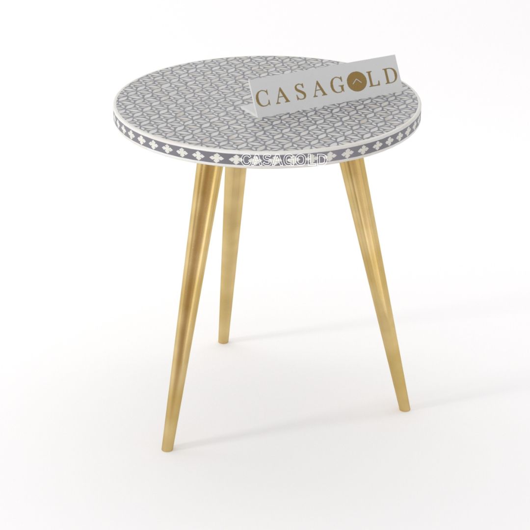 "Decorative round bone inlay side table with intricate 3-leg design"
