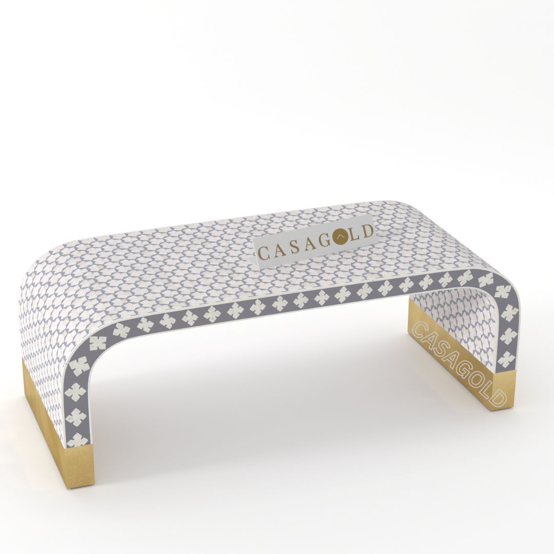 "Designer rectangular coffee table with unique bone inlay features"
