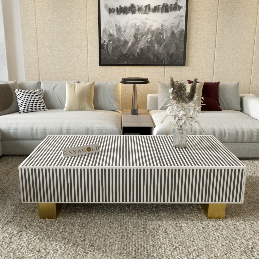 "Designer rectangular coffee table with unique bone inlay features"
