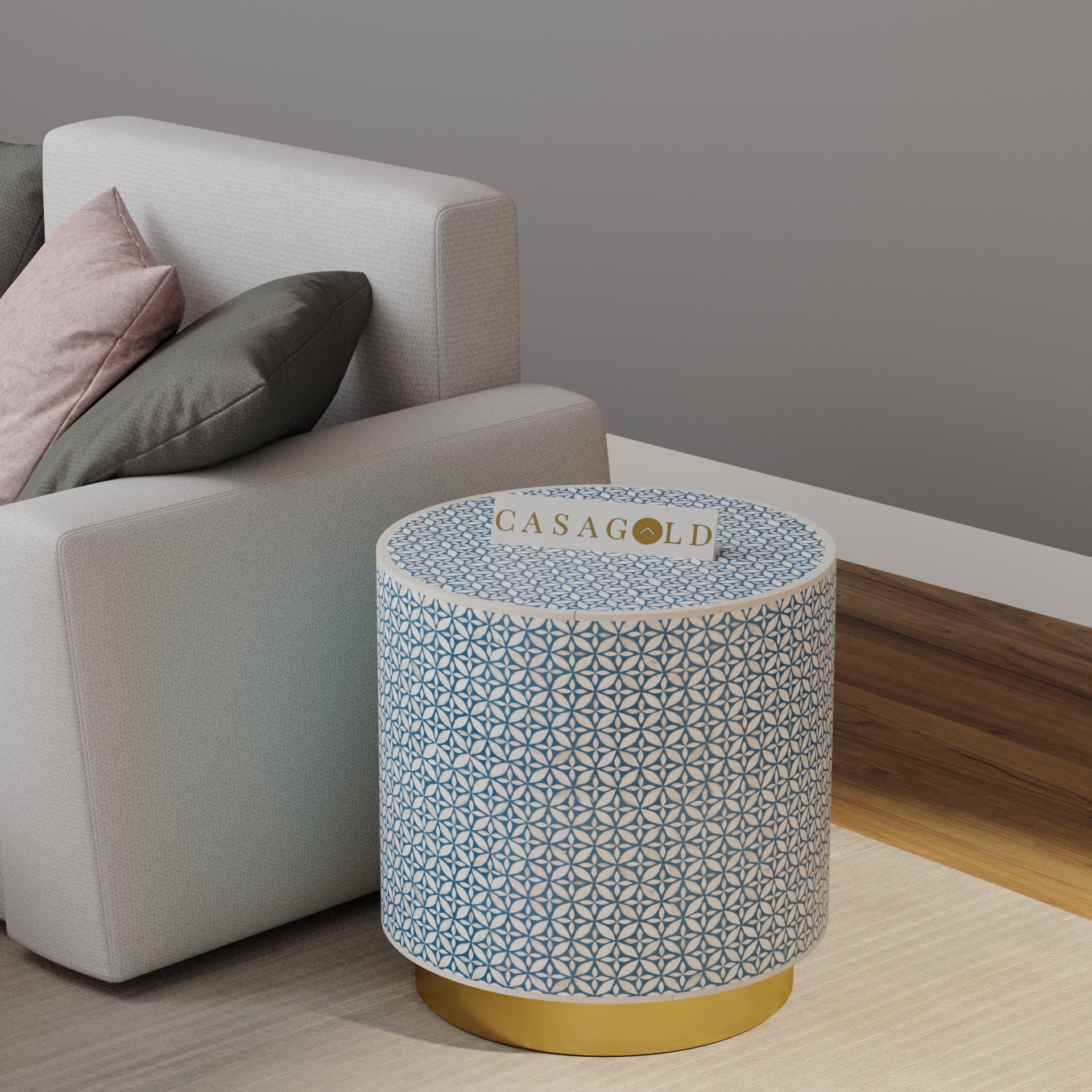 Drum Inlay Side Table with Geometric Patterns	
