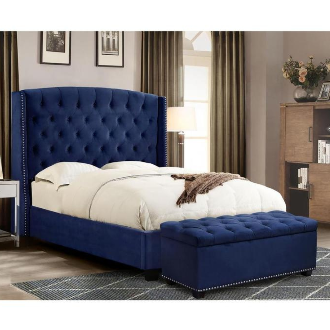 Velvet-upholstered wings bed for a plush look