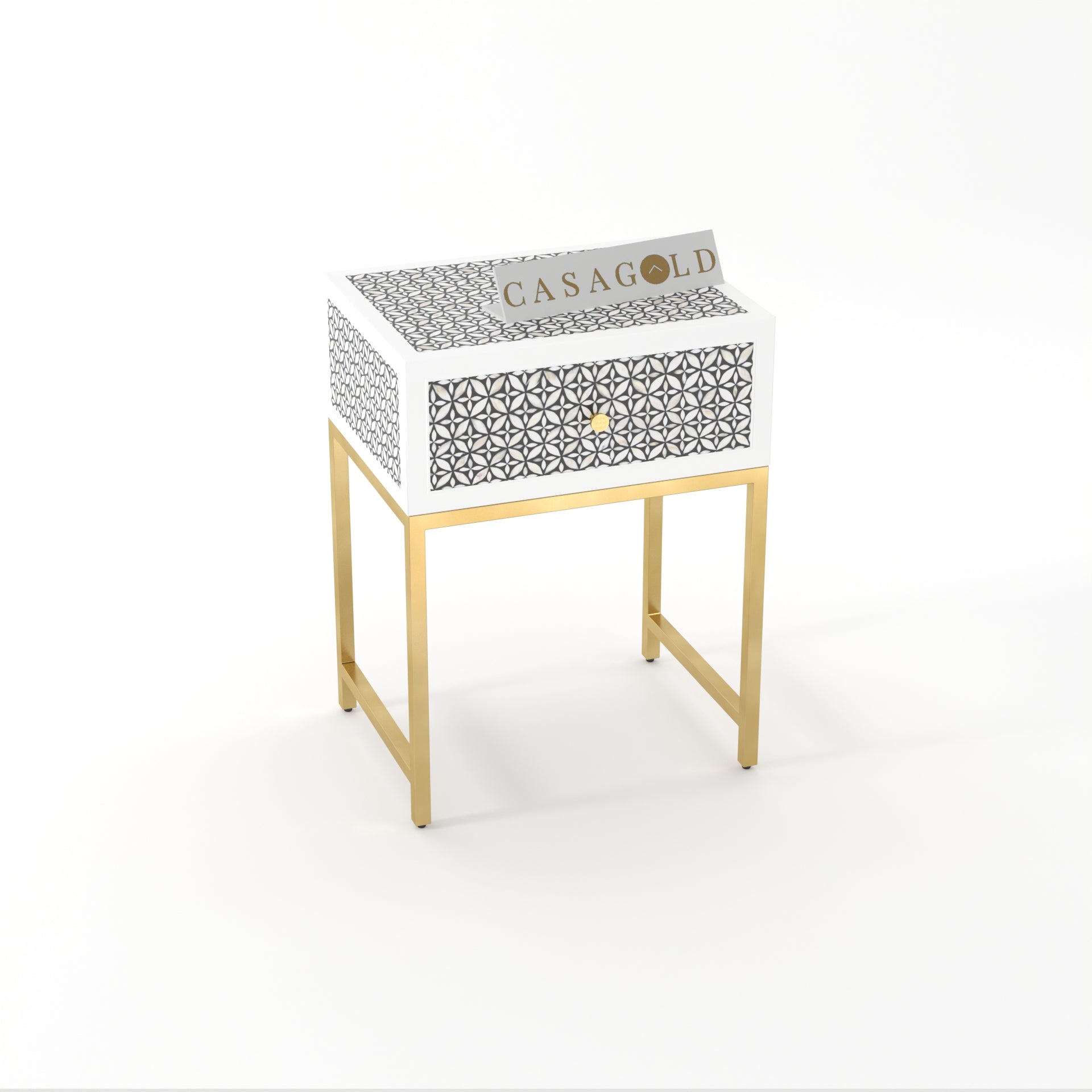 Elegant Bone Inlay Bedside Table with Gold Legs	
