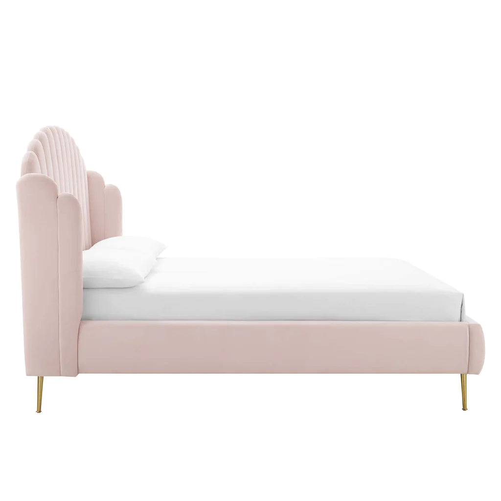 Velvet-upholstered wings bed for a plush look