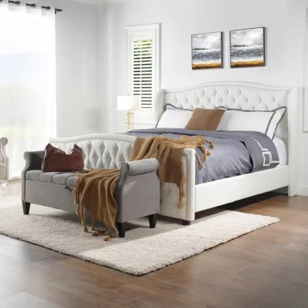  Velvet-upholstered wings bed for a plush look