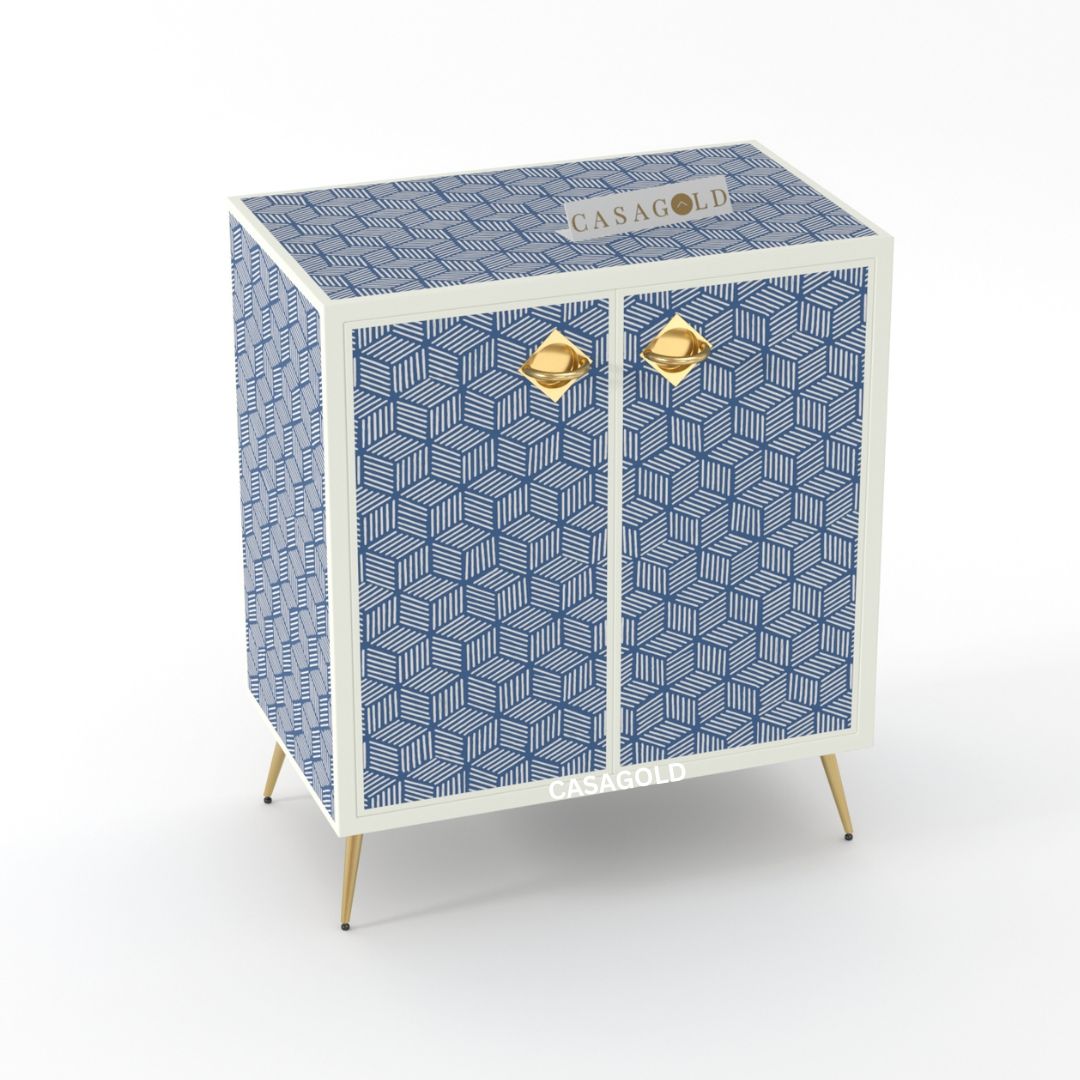 Elegant blue inlay storage cabinet with doors
